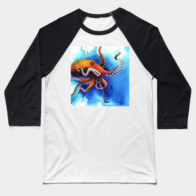 Orange Octopus Drifts Into the Blue Baseball T-Shirt by JCPhillipps